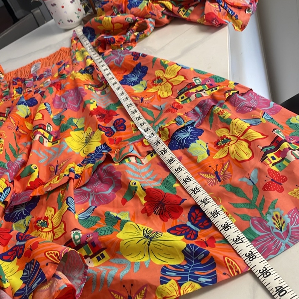 Disney Bright Orange Floral & Butterfly Midi Dress with Puff Sleeves - Picture 9 of 13